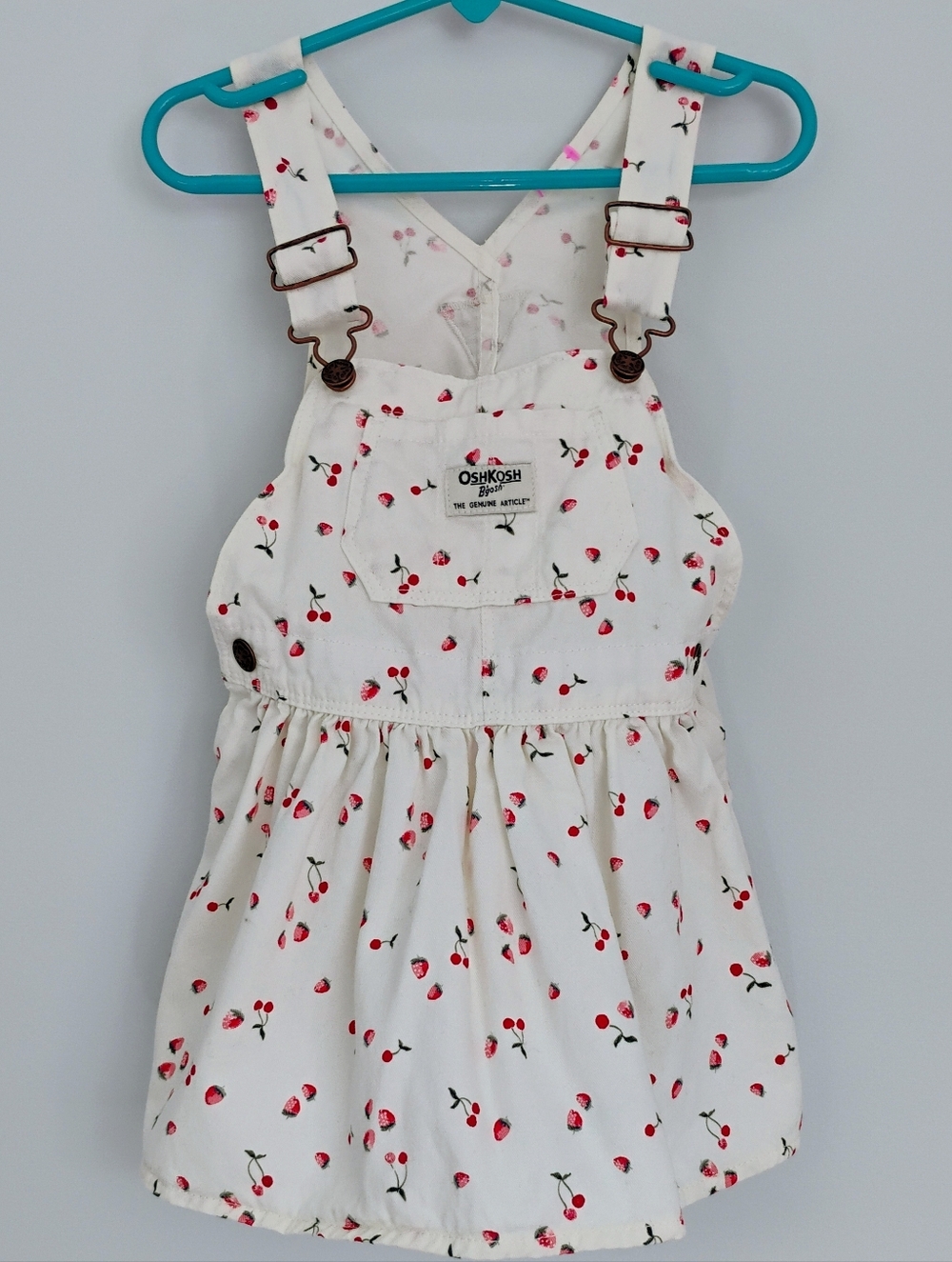 OshKosh Cherry & Strawberry Print Cream Cotton Pinafore Vestback Dress 24 Months